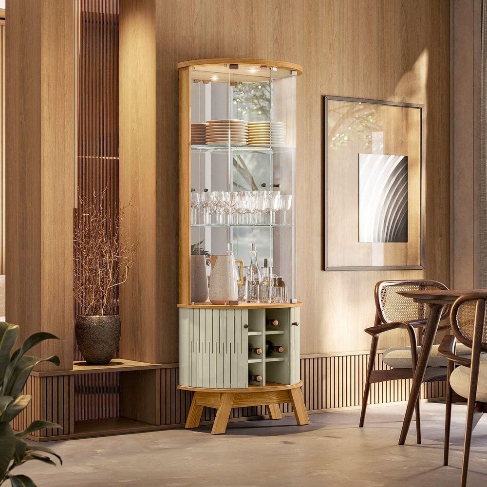 Cristaleira De Vidro Com Led 67cm Sala De Jantar Ravion M20 - D`rossi Cor Cumaru E Opala