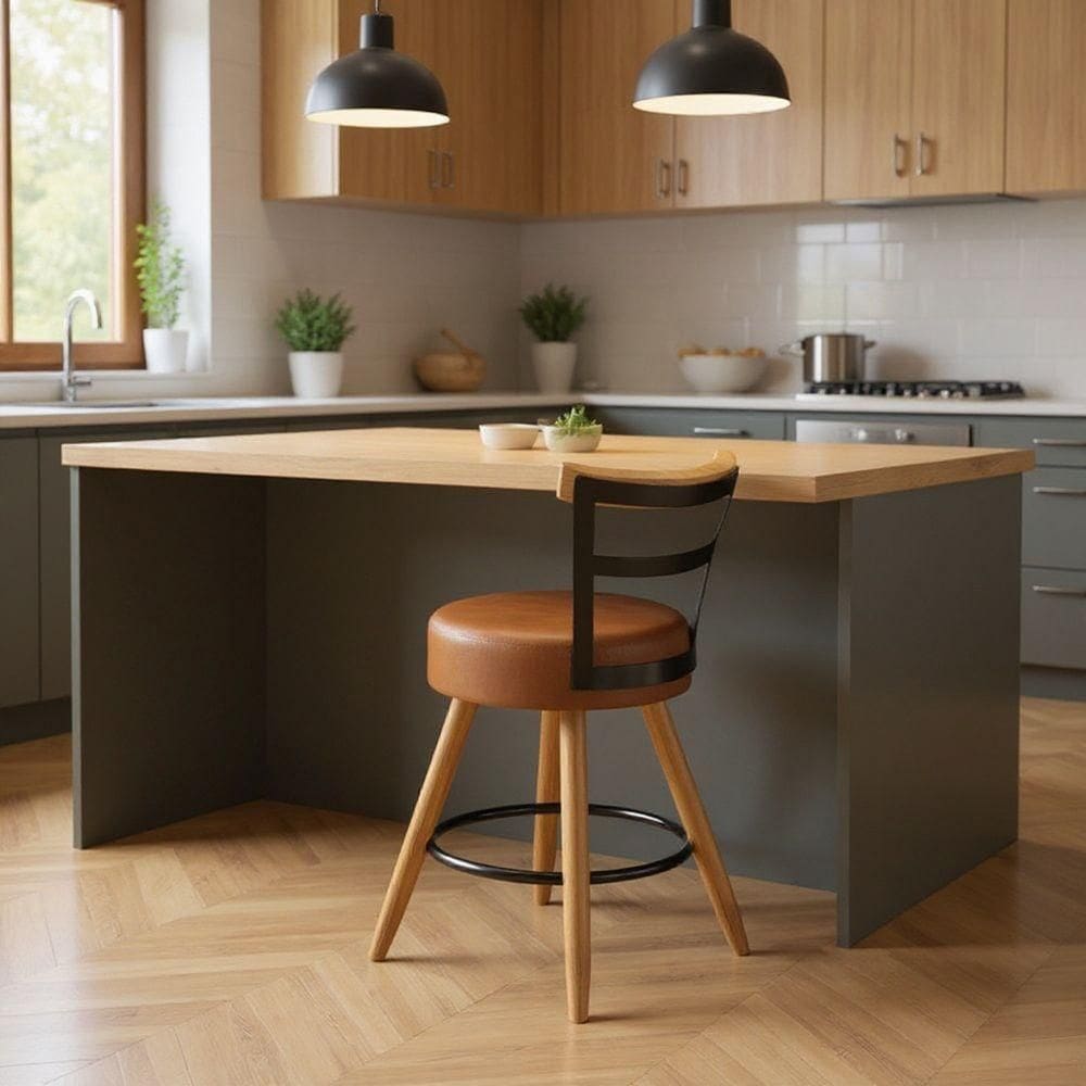 Banqueta Baixa Cozinha 50cm Encosto Pé Madeira Kyara Pu S02 - D`rossi Caramelo