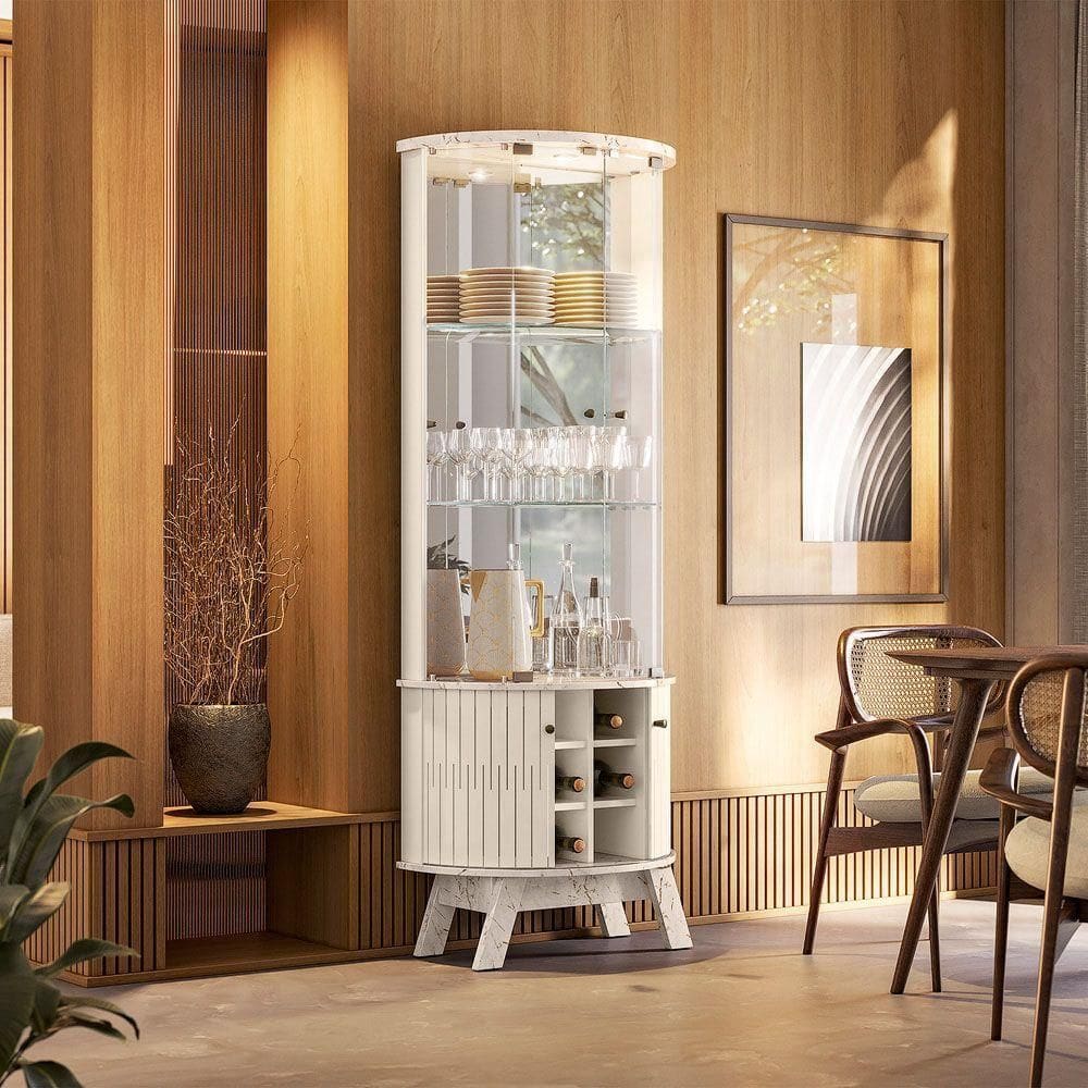 Cristaleira De Vidro Com Led 67cm Sala De Jantar Ravion M20 - D`rossi Cor Calacata E Off White