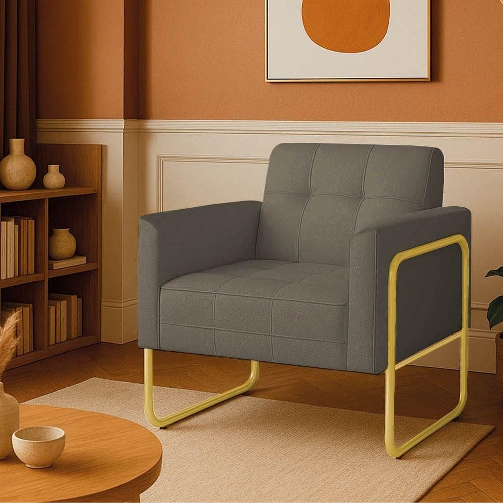 Poltrona Sala Industrial Alta Tubo Dourado Elisa Linho Grafite D03 - D`rossi