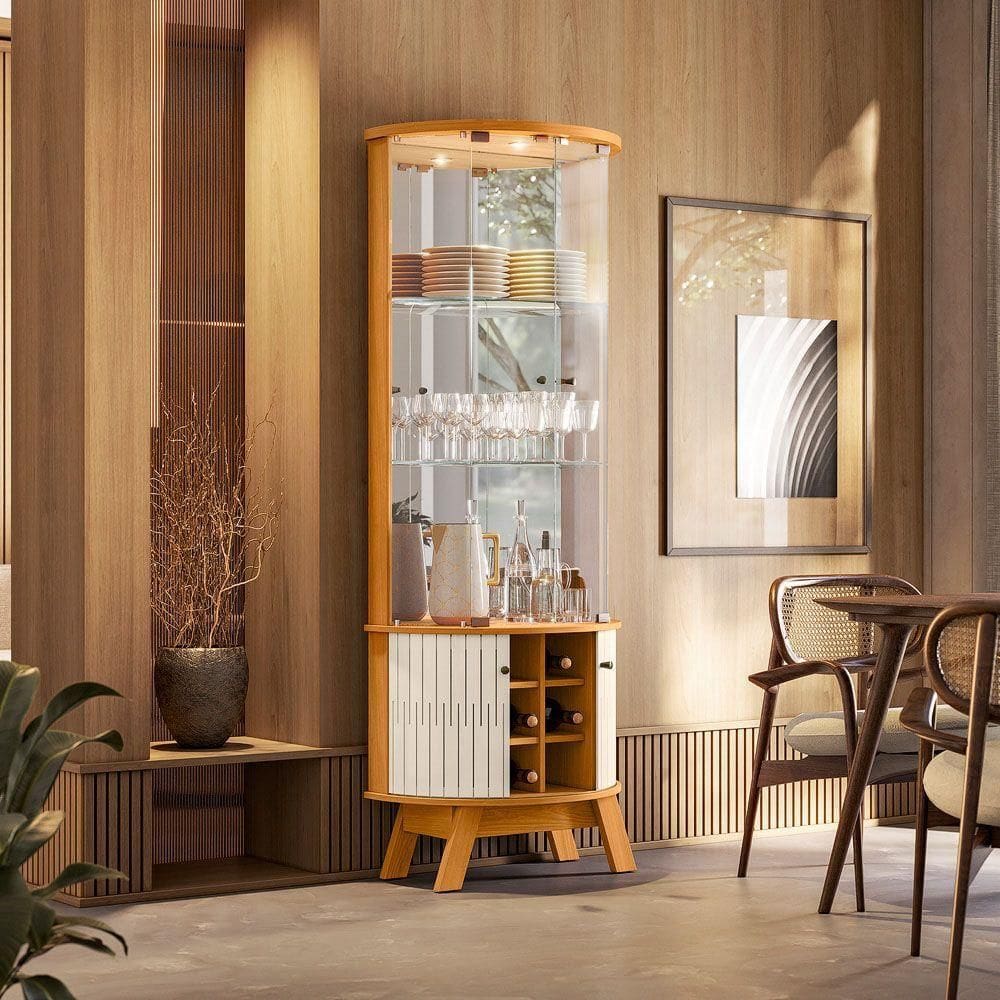 Cristaleira De Vidro Com Led 67cm Sala De Jantar Ravion M20 - D`rossi Cor Cinamomo E Off White