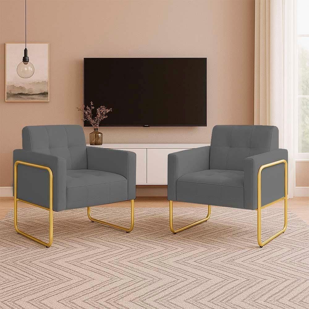 Poltrona Sala Industrial Alta Tubo Dourado Kit 2 Elisa Suede D03 - D`rossi Cor Grafite