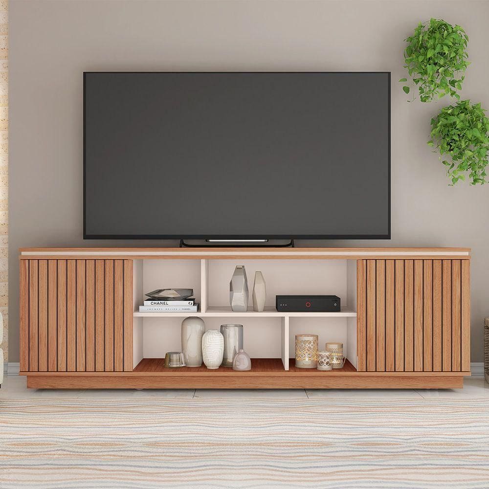 Rack Tv 75 Pol 180cm Bancada Ripado Com Rodízio Noan C01 - D`rossi Cor Freijó/off White