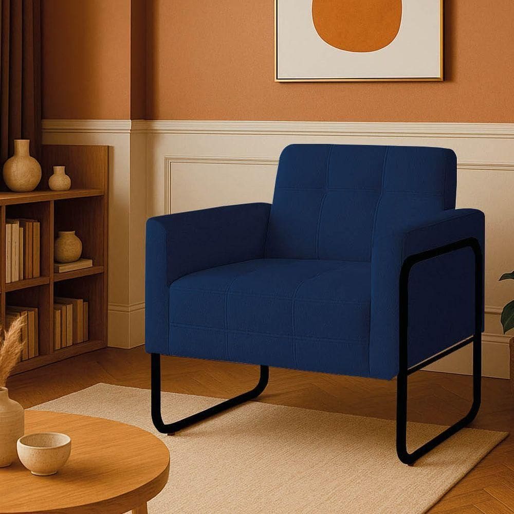 Poltrona Sala Industrial Alta Tubo Preto Elisa Bouclê Azul D03 - D`rossi