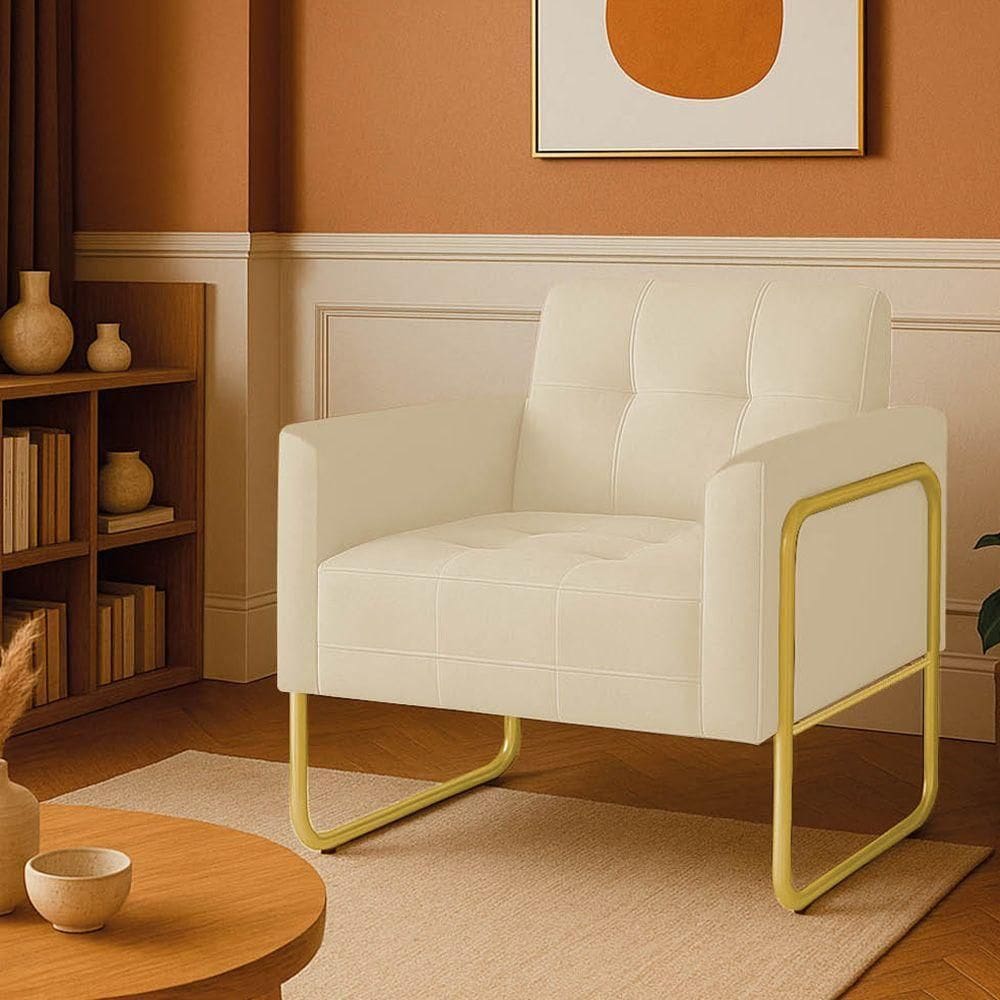 Poltrona Sala Industrial Alta Tubo Dourado Elisa Veludo Bege D03 - D`rossi