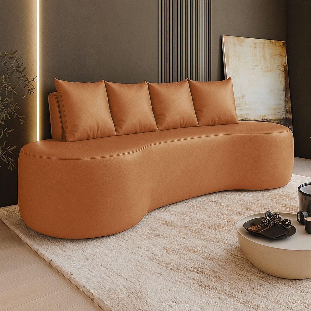 Sofá 3 Lugares Orgânico 210cm Com Almofadas Benin Sintético Pu Caramelo B03 - D`rossi