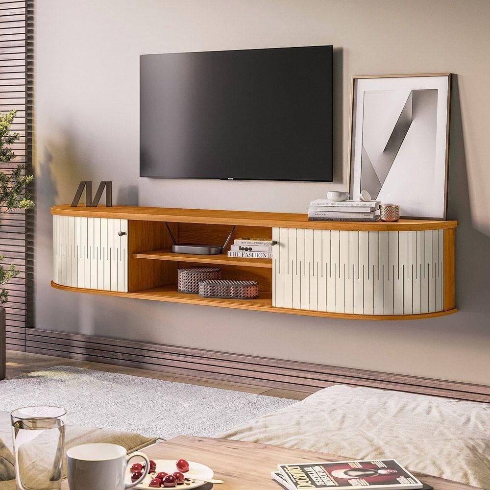 Rack Tv 75 Pol 183cm Bancada Suspenso Ripado Aurenzo M20 - D`rossi Cor Cinamomo E Off White