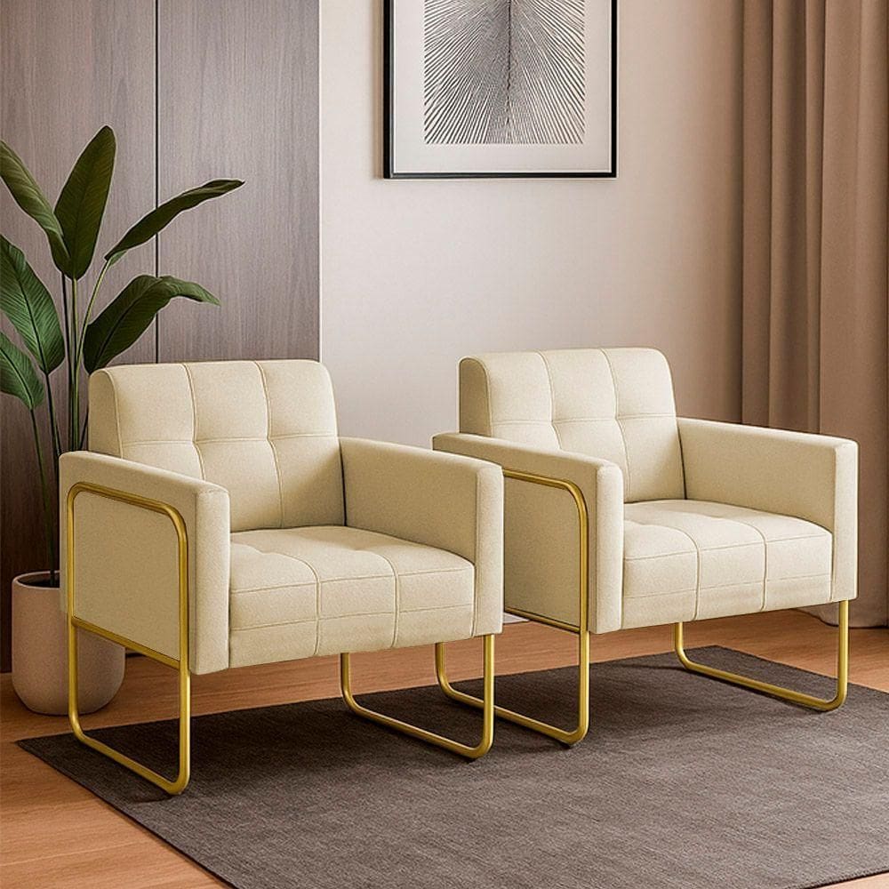 Poltrona Sala Industrial Alta Tubo Dourado Kit 2 Elisa Linho Bege D03 - D`rossi