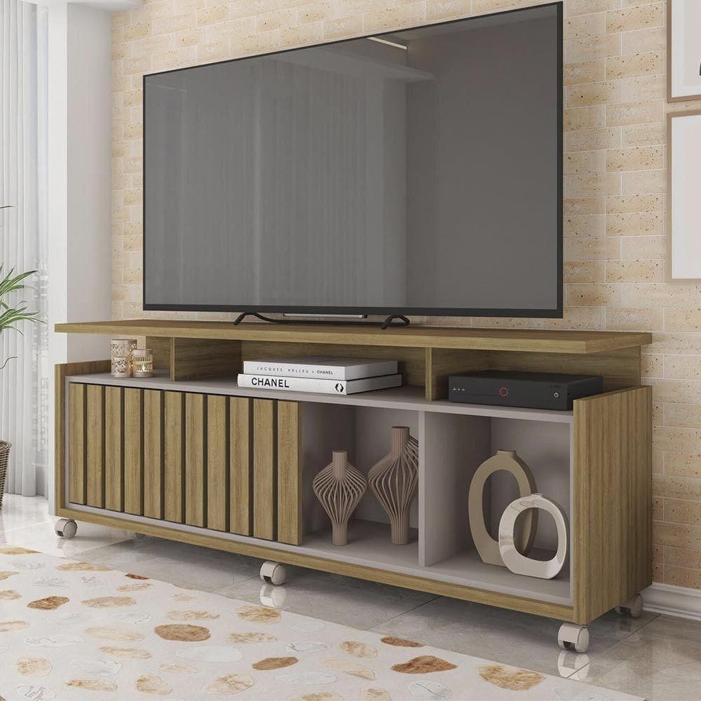 Rack Tv 70 Pol 160cm Bancada Com Rodízio Sala Thaissa Bege Amarelado/cinza C01 - D`rossi