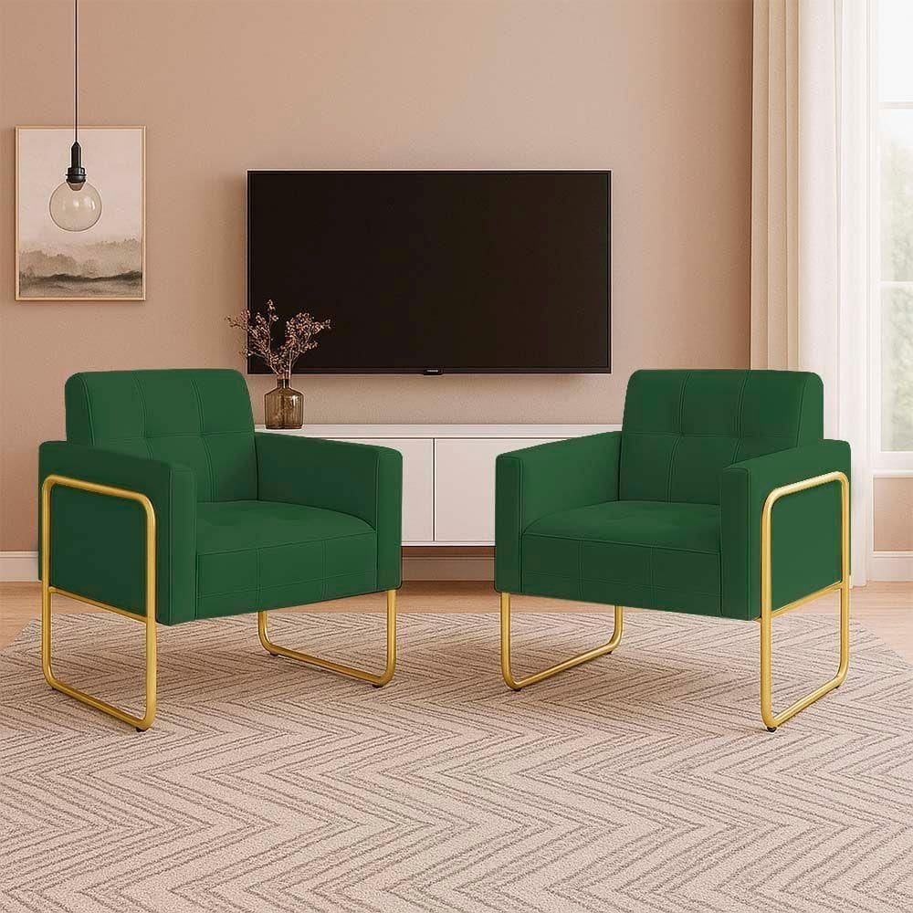 Poltrona Sala Industrial Alta Tubo Dourado Kit 2 Elisa Suede Verde D03 - D`rossi