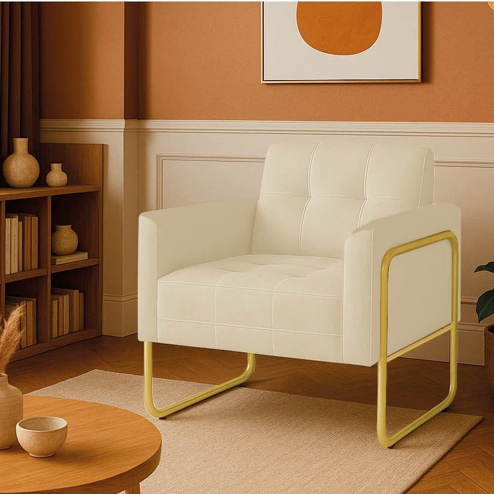 Poltrona Sala Industrial Alta Tubo Dourado Elisa Suede Bege D03 - D`rossi