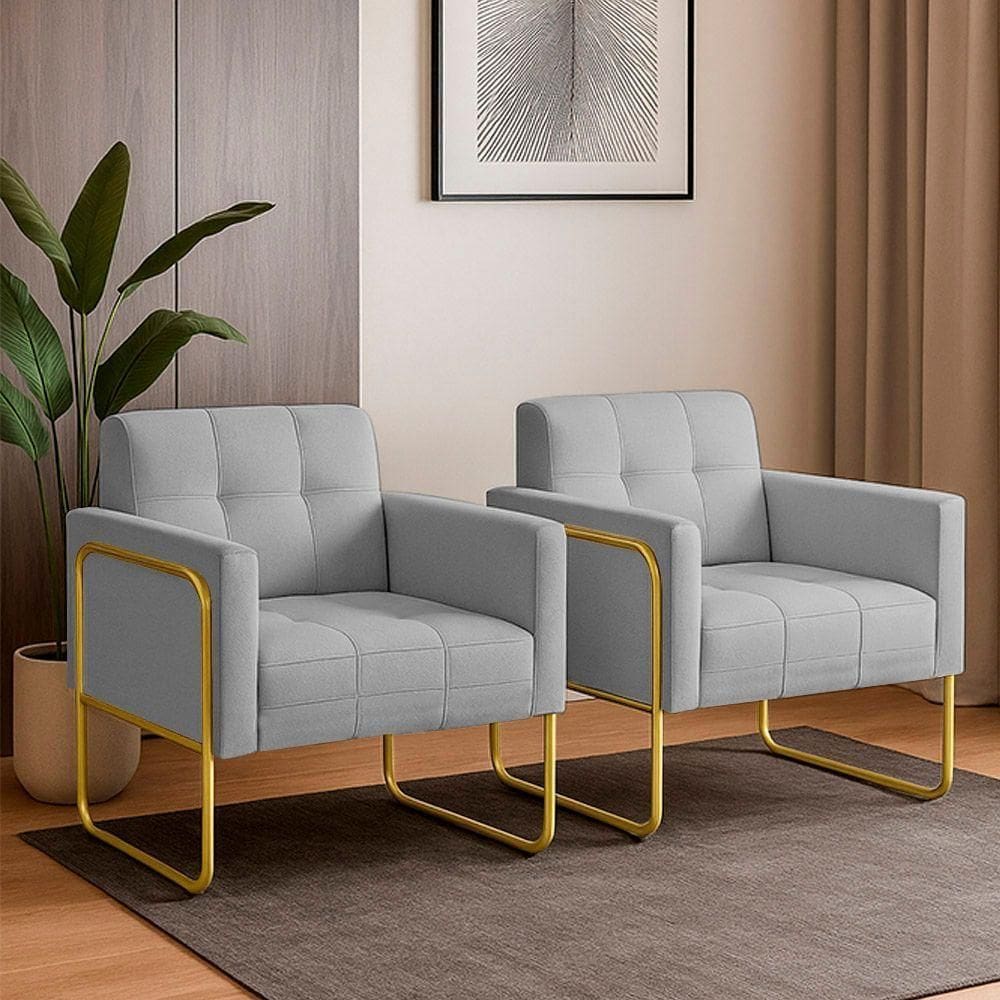 Poltrona Sala Industrial Alta Tubo Dourado Kit 2 Elisa Linho D03 - D`rossi Cor Cinza