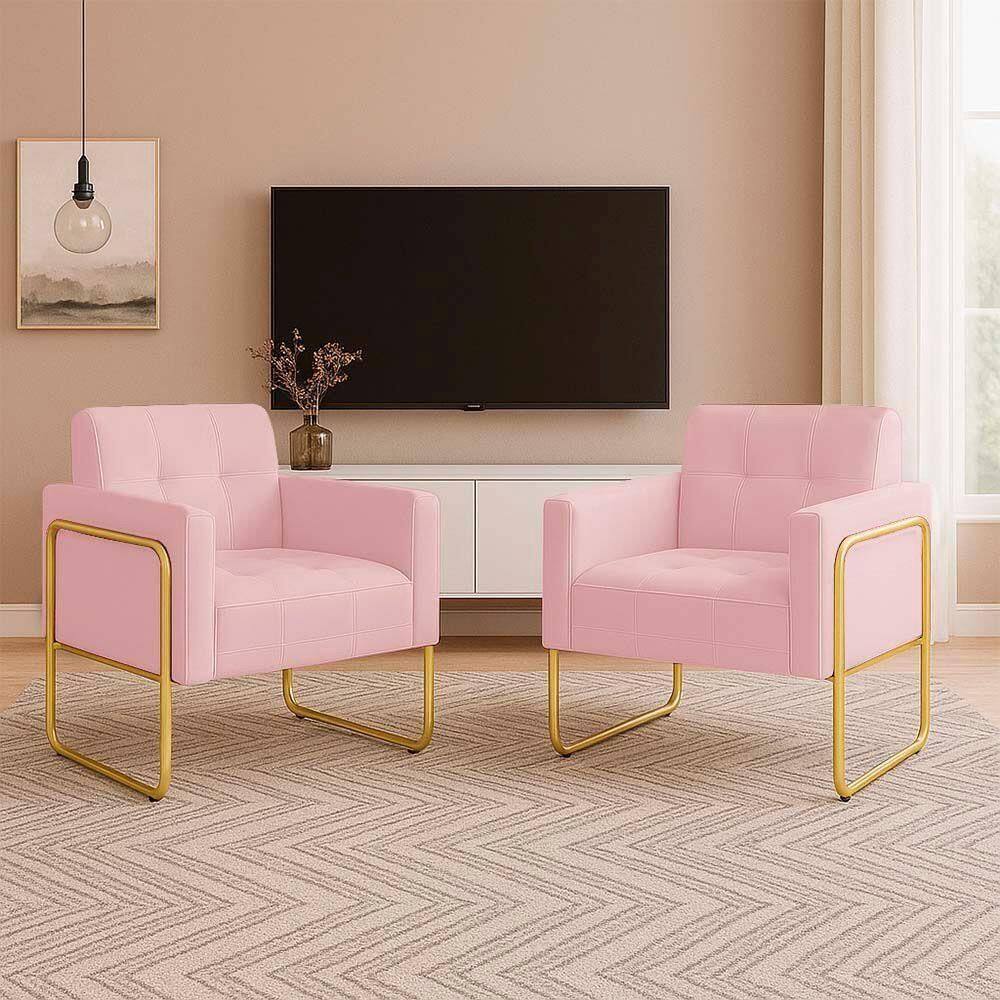 Poltrona Sala Industrial Alta Tubo Dourado Kit 2 Elisa Suede D03 - D`rossi Cor Rosa Bebê