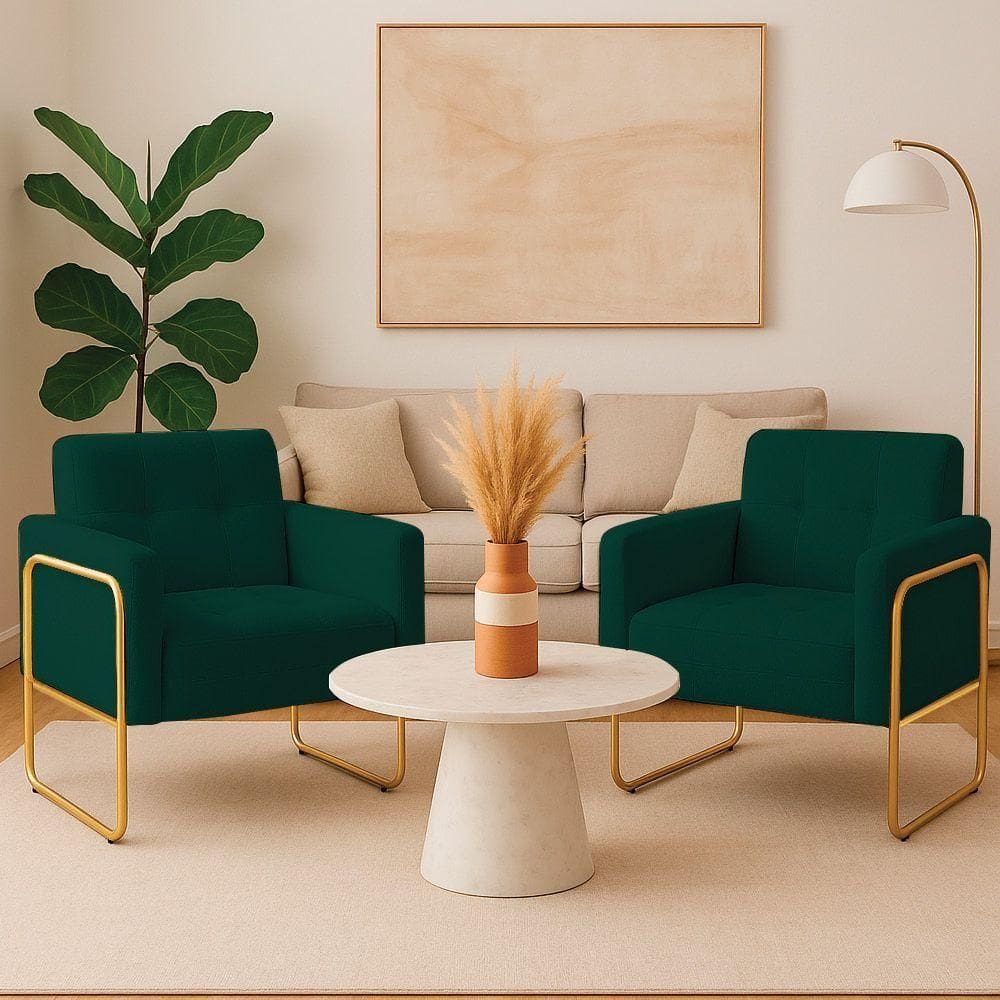 Poltrona Sala Industrial Alta Tubo Dourado Kit 2 Elisa Bouclê Verde D03 - D`rossi