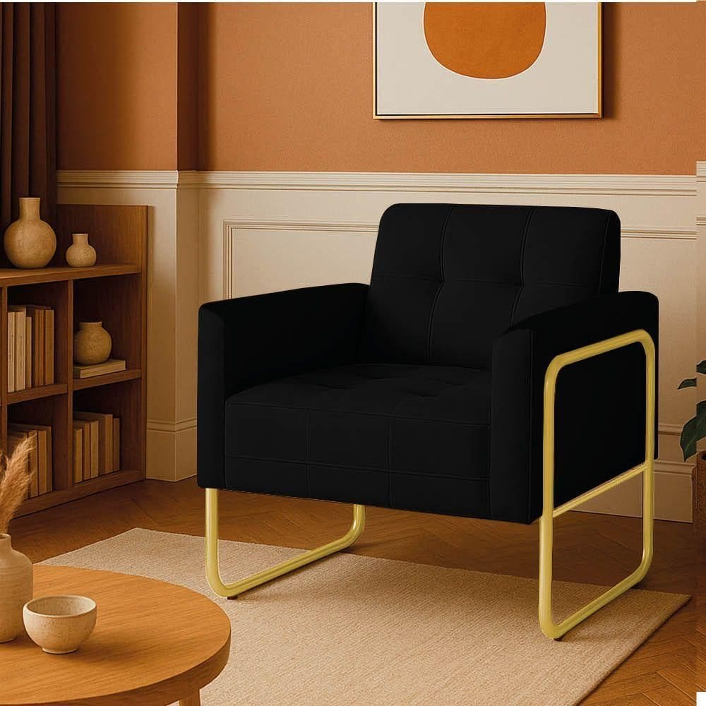 Poltrona Sala Industrial Alta Tubo Dourado Elisa Suede Preto D03 - D`rossi