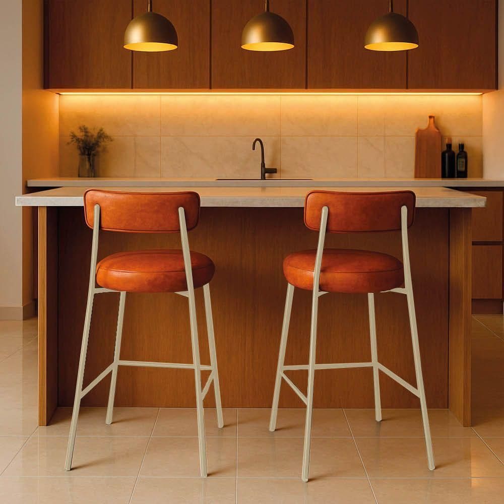 Banqueta Cozinha Média Com Encosto Industrial Champanhe Kit 2 Londres Pu D03 - D`rossi Cor Branco