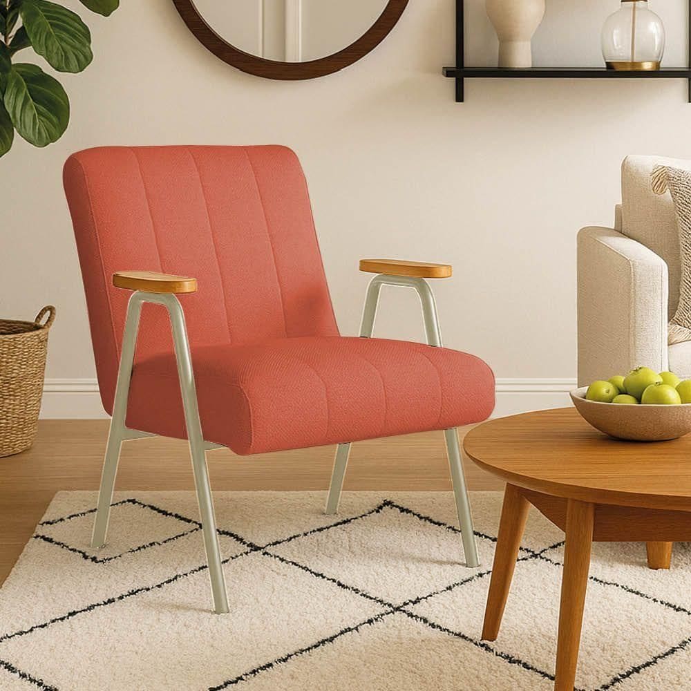Poltrona Sala Decorativa Industrial Champanhe Laurita Linho Salmão K01 - D`rossi