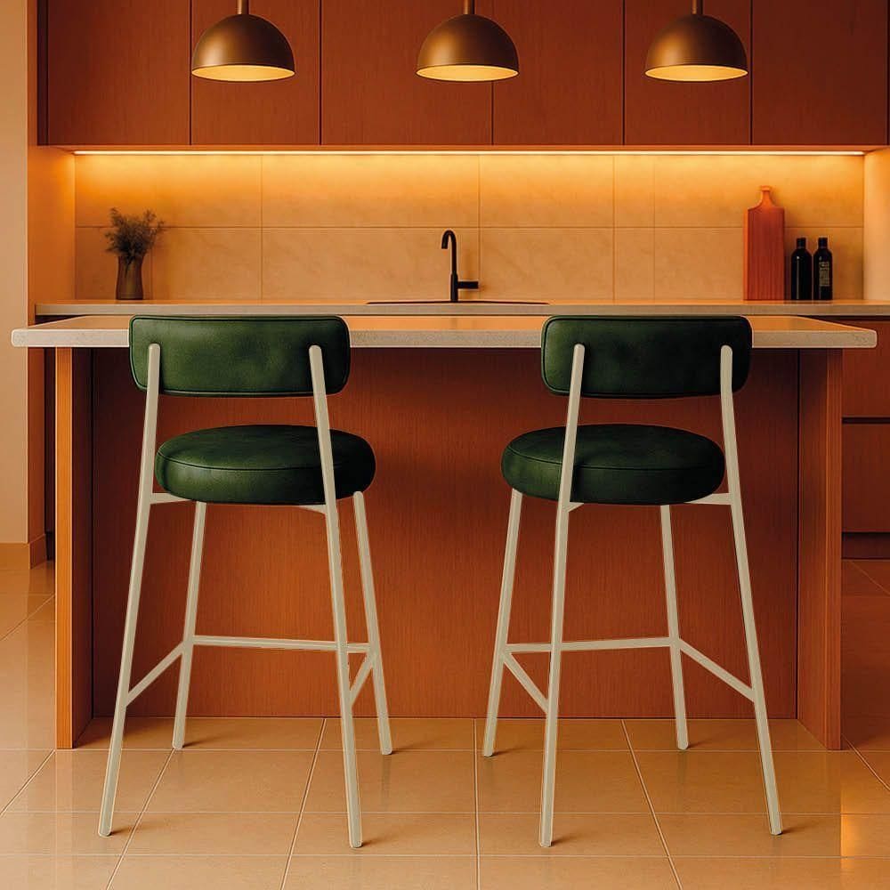 Banqueta Cozinha Alta Com Encosto Industrial Champanhe Kit 2 Londres Pu D03 - D`rossi Cor Verde