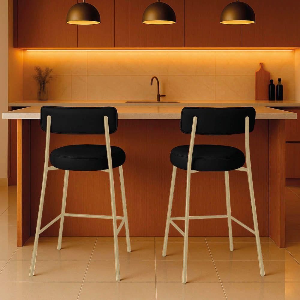 Banqueta Cozinha Alta Com Encosto Industrial Champanhe Kit 2 Londres Pu D03 - D`rossi Cor Preto