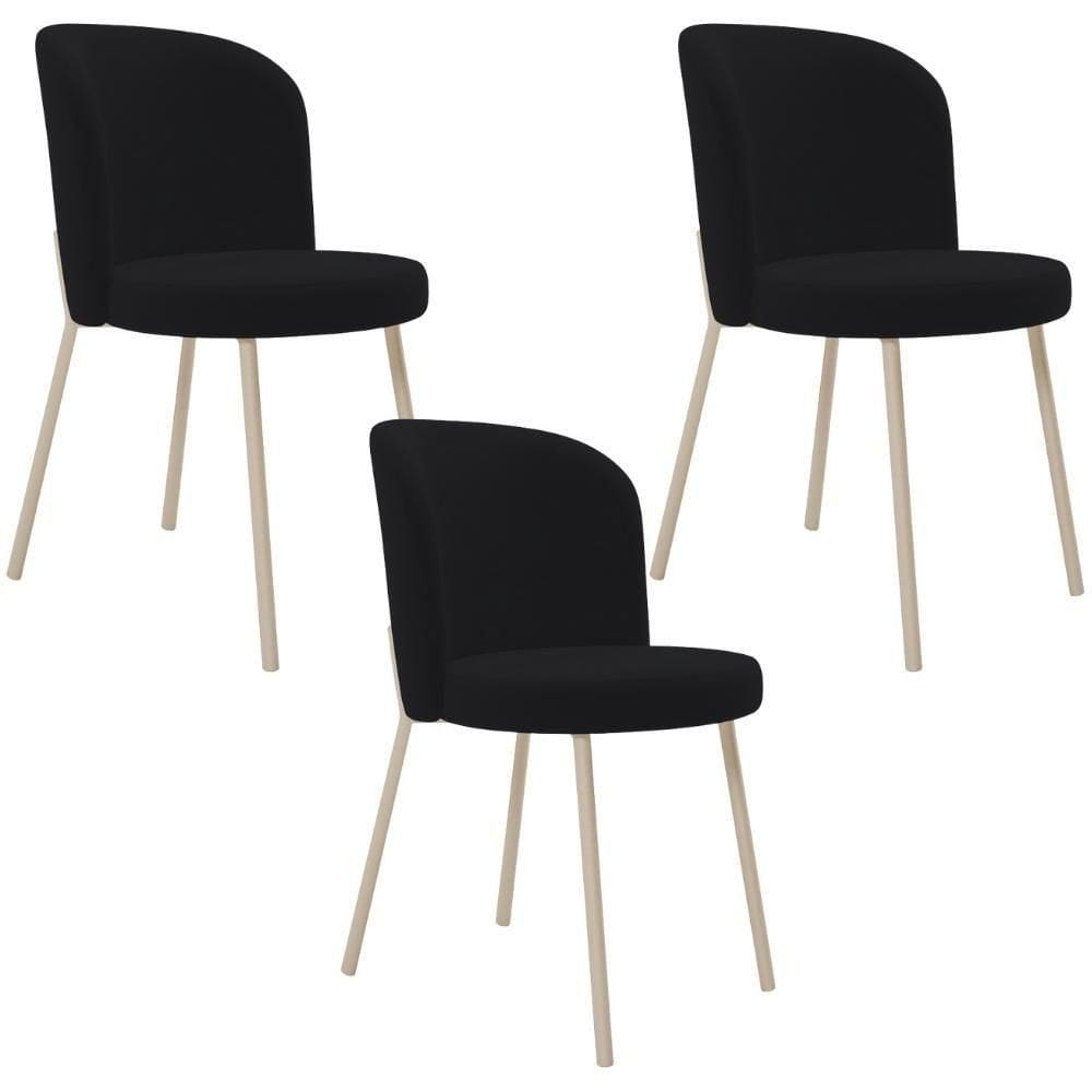 Kit 03 Cadeiras Para Sala De Jantar Cozinha Estofada Gavi Arena L02 Suede Preto - Lyam Decor