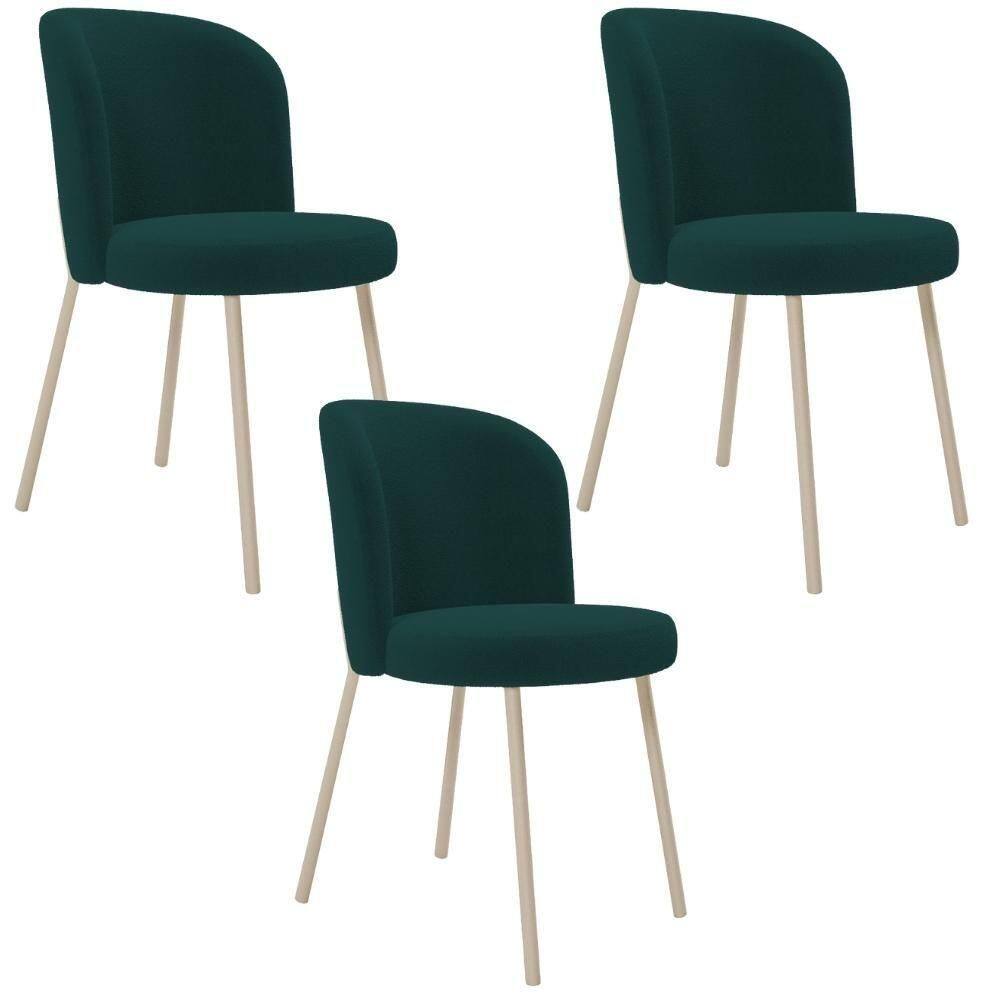 Kit 03 Cadeiras Para Sala De Jantar Cozinha Estofada Gavi Arena L02 Bouclê Verde - Lyam Decor