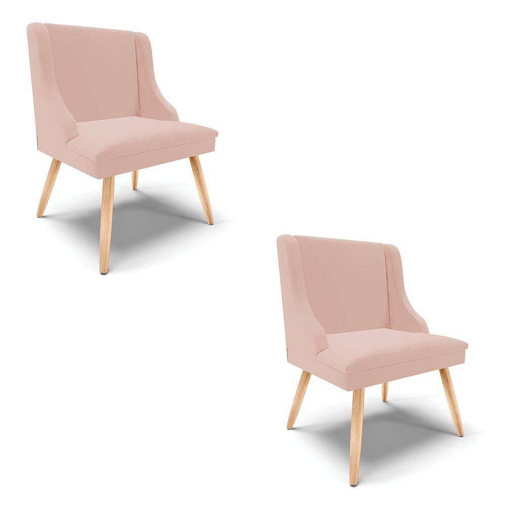 Kit 02 Cadeiras De Jantar Liz Veludo Rosê Pés Palito Natural D03 - D`rossi