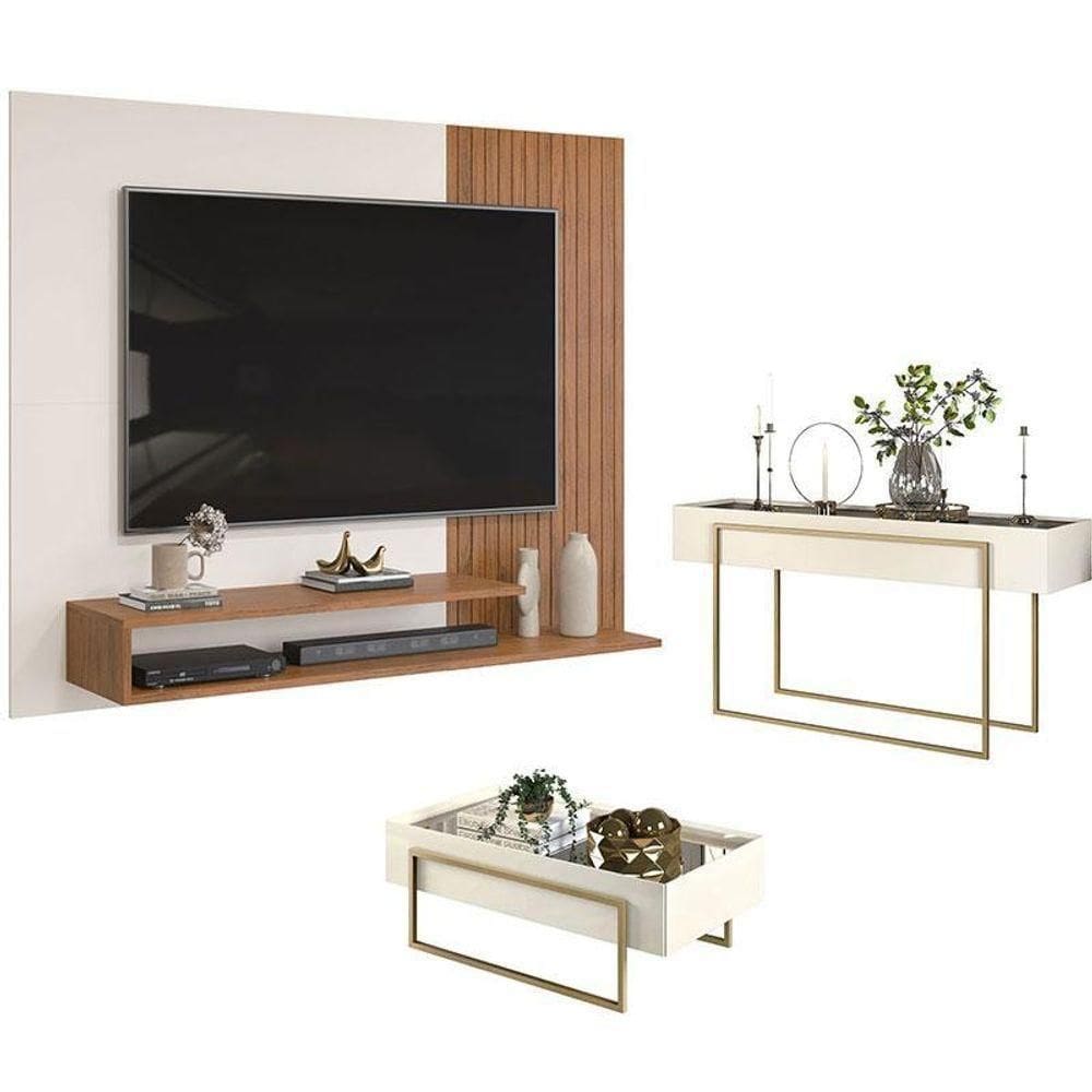 Painel Para Tv Nando Freijó Off White Com Aparador Pilar E Mesa De Centro Pilar Off White – Dj Móveis