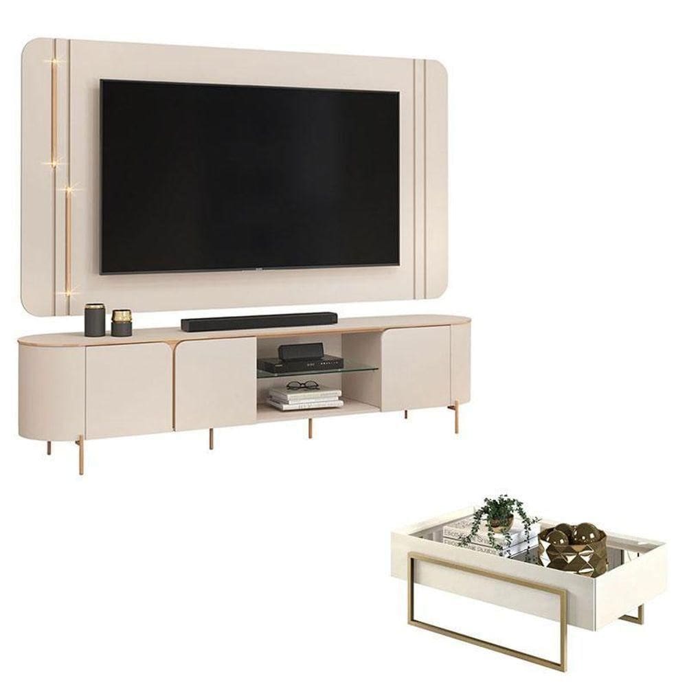 Rack Bancada Com Painel Ariana E Mesa De Centro Petri Off White – Dj Móveis