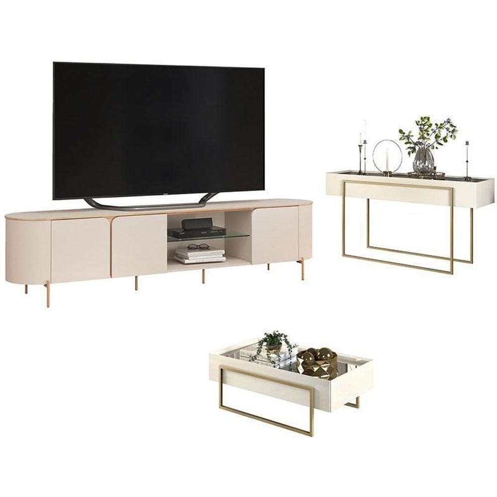 Rack Bancada Ariana Com Aparador Suri E Mesa De Centro Suri Off White – Dj Móveis