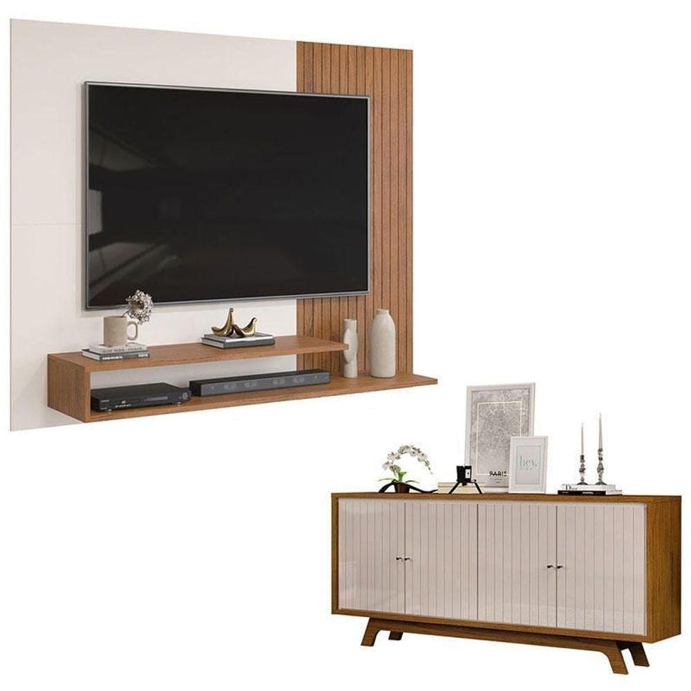 Painel Para Tv Nando E Aparador Buffet Brise Freijó Off White – Dj Móveis