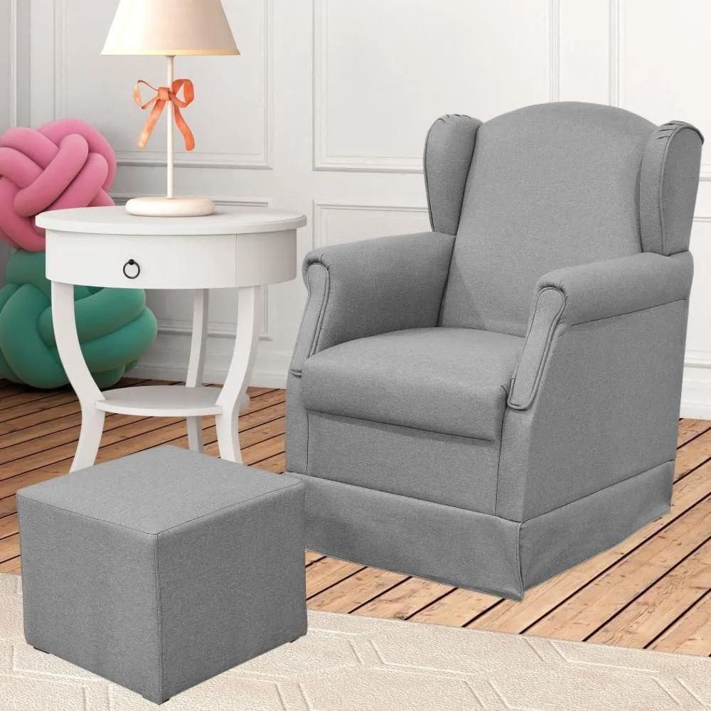 Poltrona De Amamentação Com Balanço E Puff Elisa P02 Linho - Lyam Decor Linho Bege