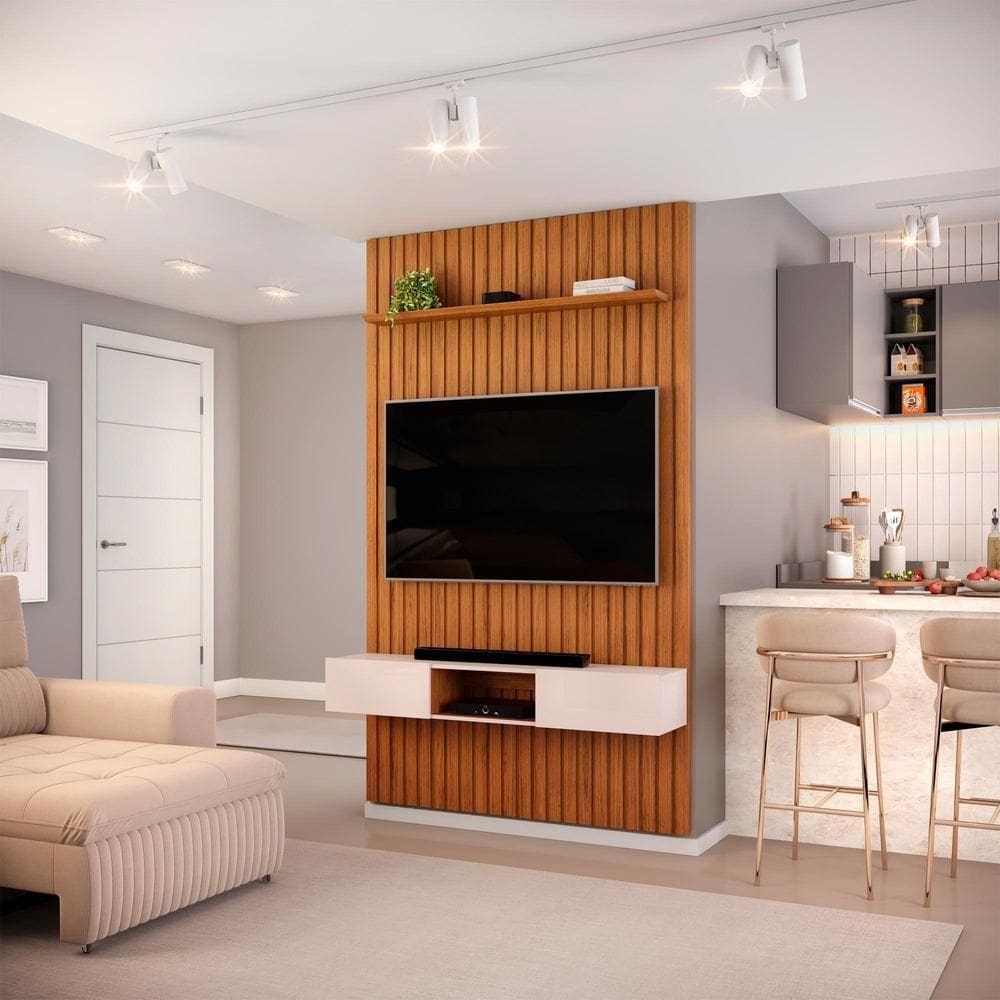 Painel Ripado Com Bancada Suspensa Para Tv Até 60 Polegadas 143 Trento Freijó/off White - Dj Móveis