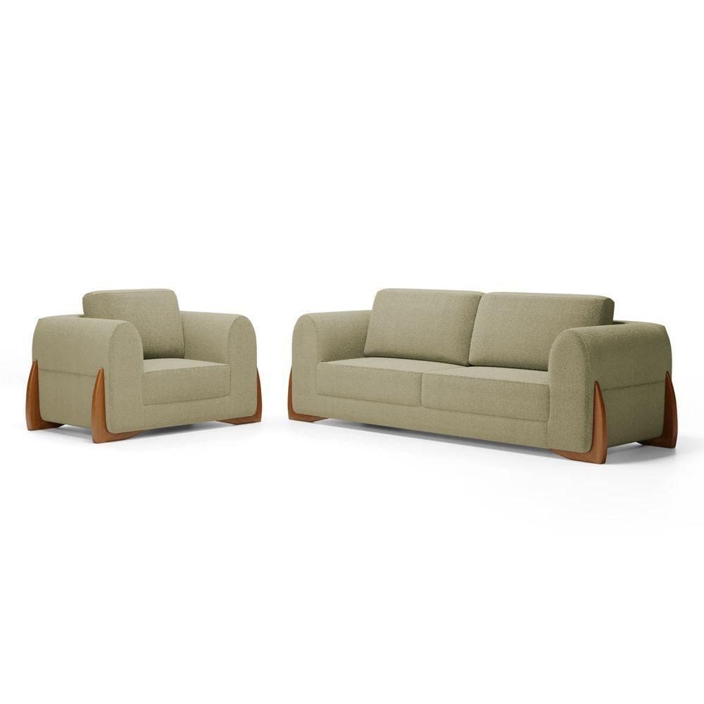 Kit Poltrona E Sofá Bloom 220cm 03 Lugares Com Pés De Madeira Bouclê Bege - Abmaza