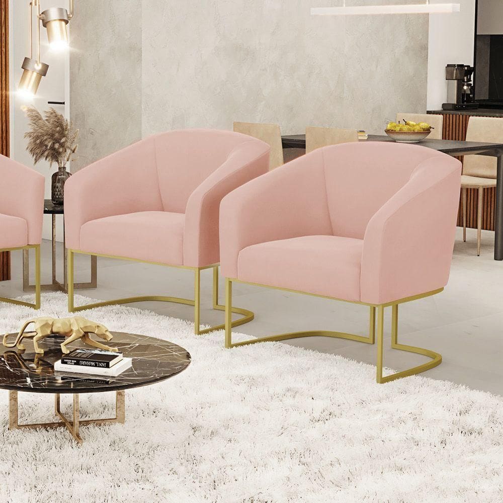 Poltrona Decorativa Industrial Dourado Kit 2 Stella Veludo Rosê D03 - D`rossi