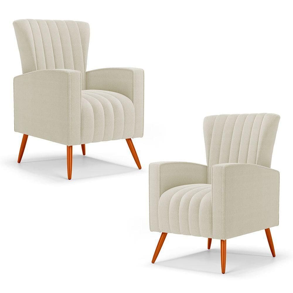 Kit 02 Poltronas Decorativas Melody Com Pés Palito Bouclê Bege - Abmaza