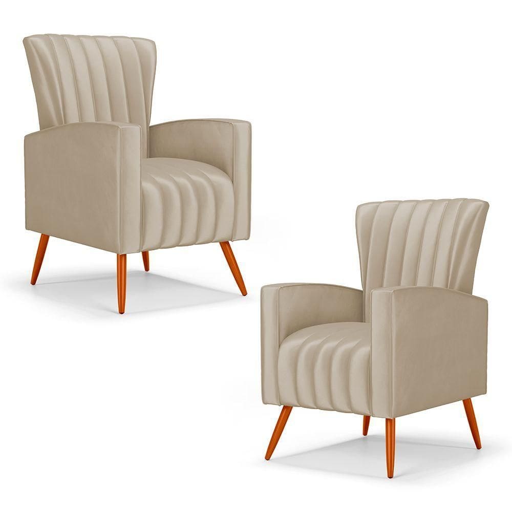 Kit 02 Poltronas Decorativas Melody Com Pés Palito Suede Bege - Abmaza