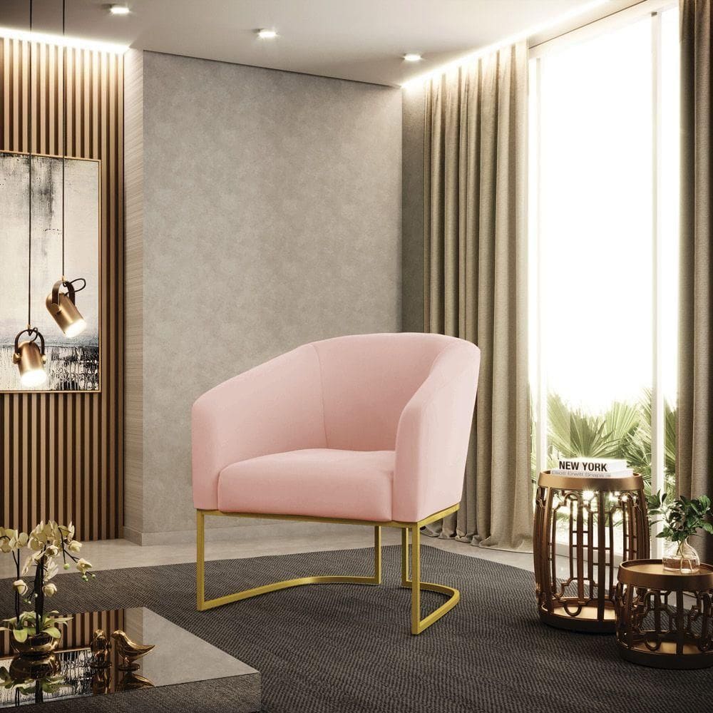 Poltrona Stella Veludo Rosê Base Industrial Dourada D03 - D`rossi