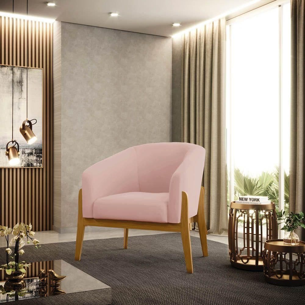 Poltrona Stella Veludo Rosê Base Madeira Castanho D03 - D`rossi