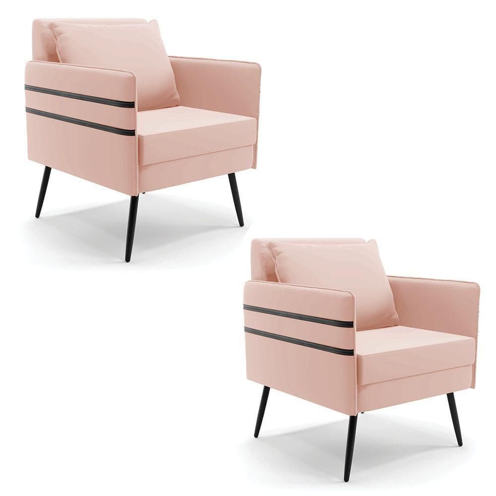 Kit 02 Poltronas Mari Veludo Rosê Pés Palito De Ferro Preto