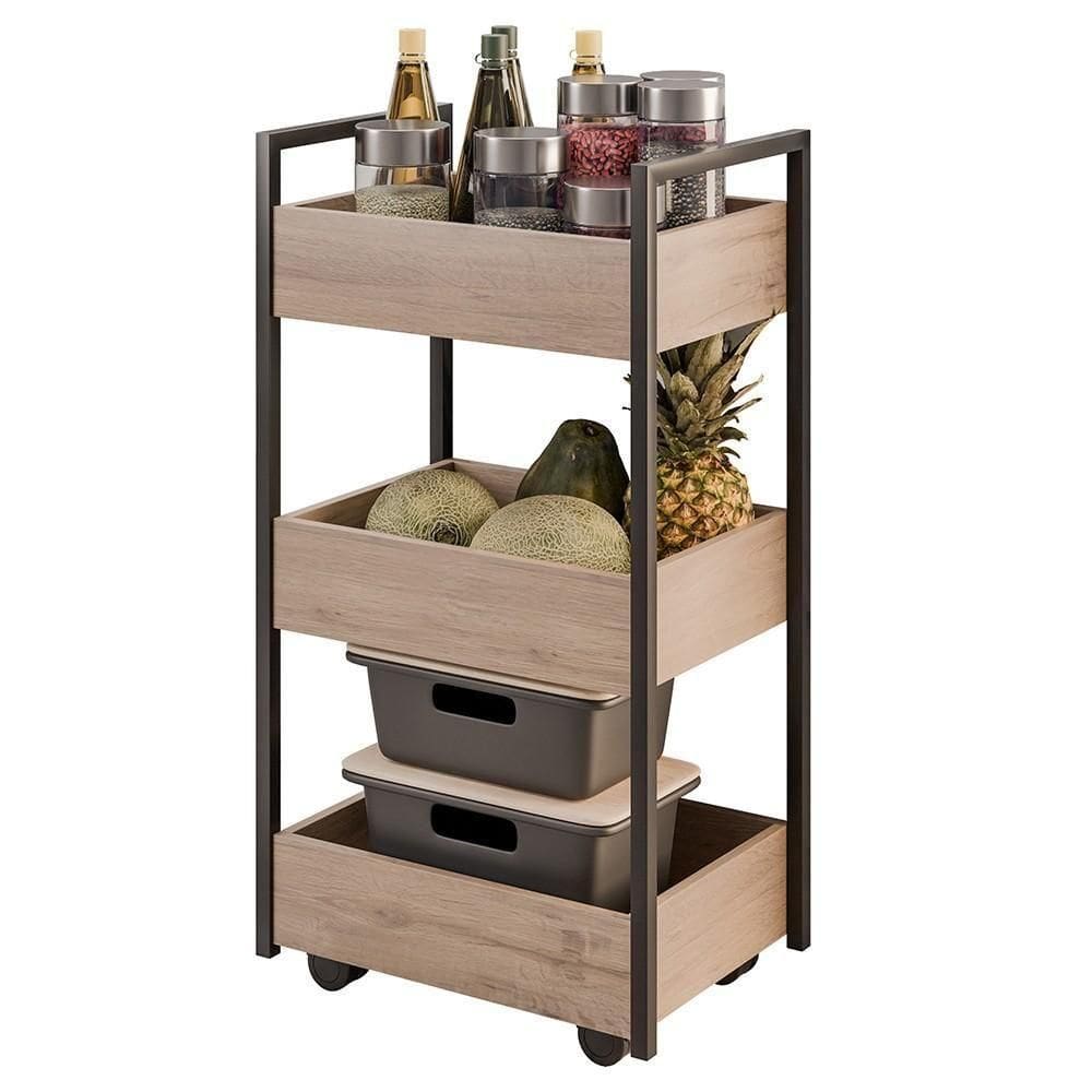 Carrinho Gourmet De Apoio Industrial 3 Prateleiras Liss Z34 Freijó/preto - Mpozenato