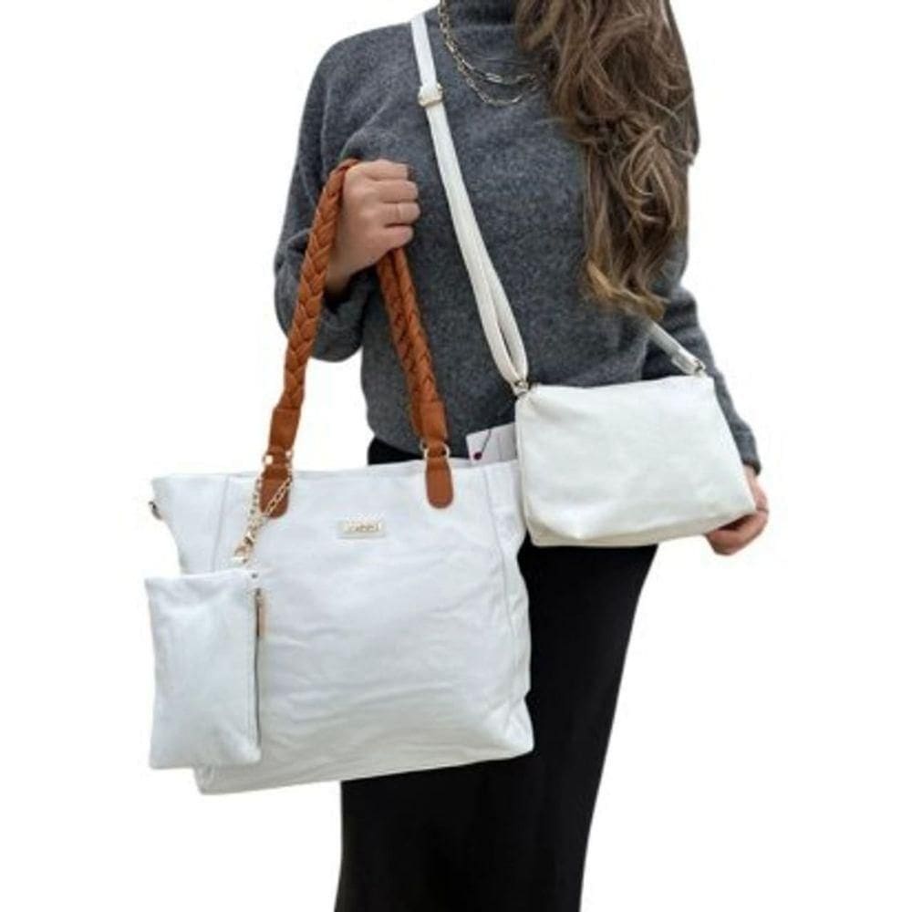 Kit 3 Peças Bolsa Feminina Com Alça Trançada Lyssa Branco