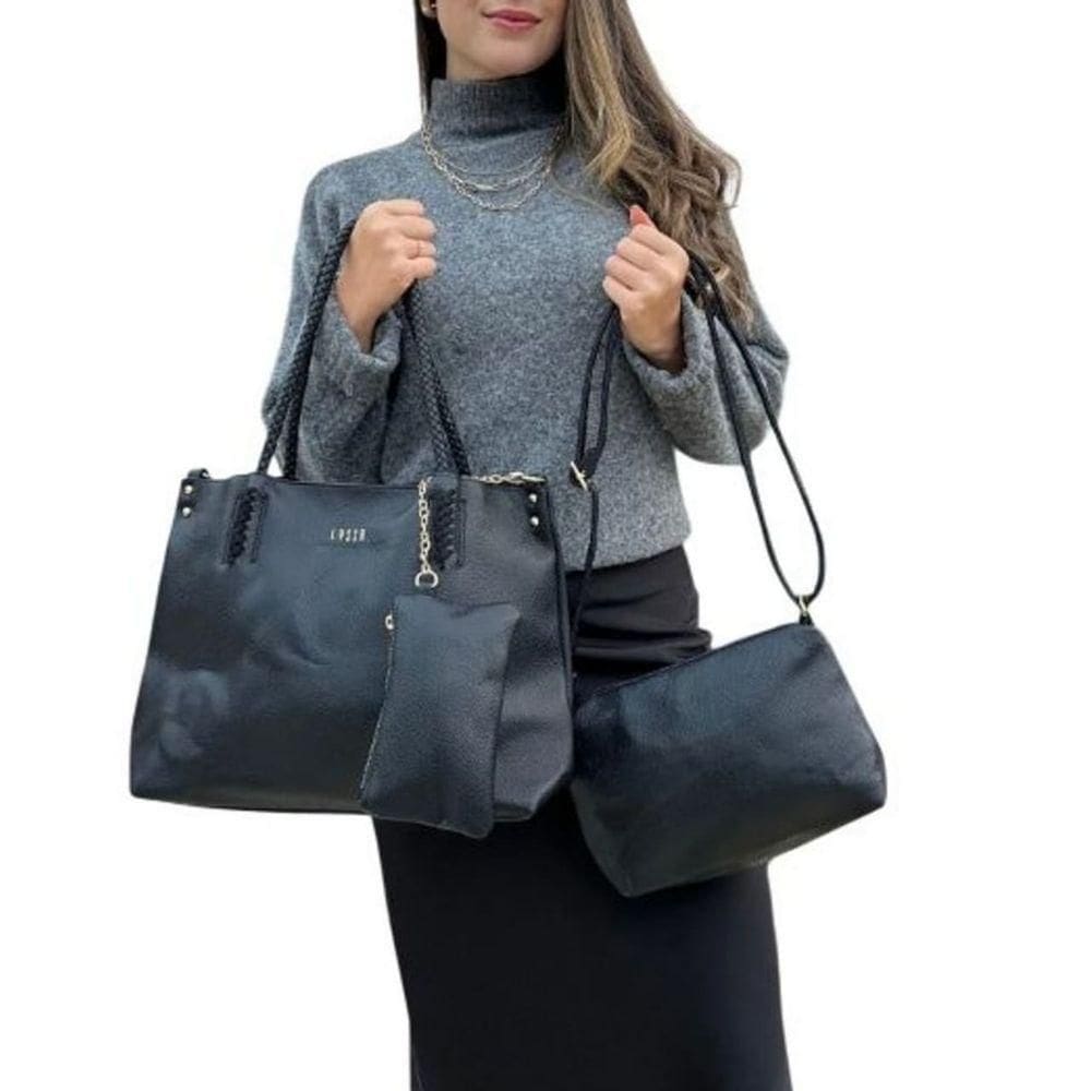 Kit 3 Peças Bolsa Feminina Estilo Tote Lyssa Preta