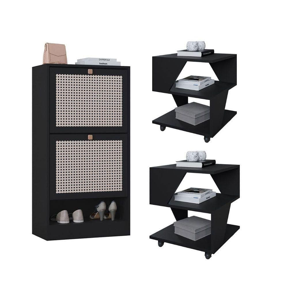 Kit Sapateira 2 Portas E 2 Mesas De Cabeceira-centro Poquema Preto