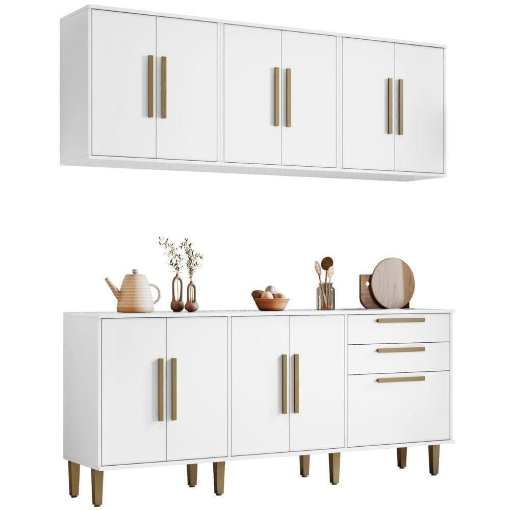 Conjunto Armário Aéreo E Balcão Lorena 11 Portas 2 Gavetas Branco Kaiki Móveis
