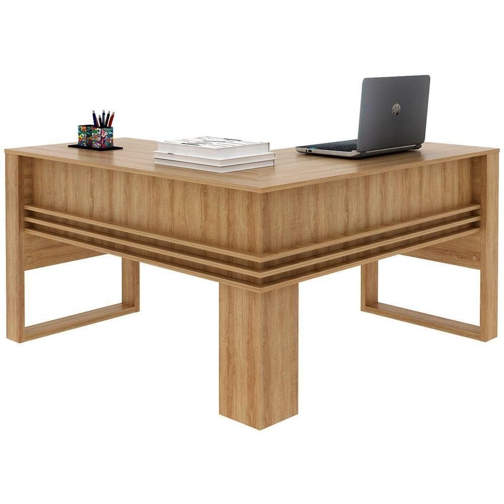 Mesa De Canto Para Escritório Em L Angular Detalhe Ripado Amêndoa
