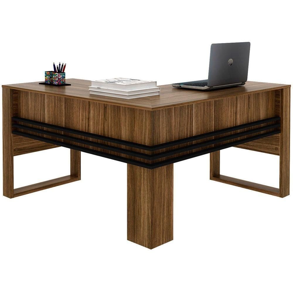 Mesa De Canto Para Escritório Em L Angular Detalhe Ripado Nogal/preto