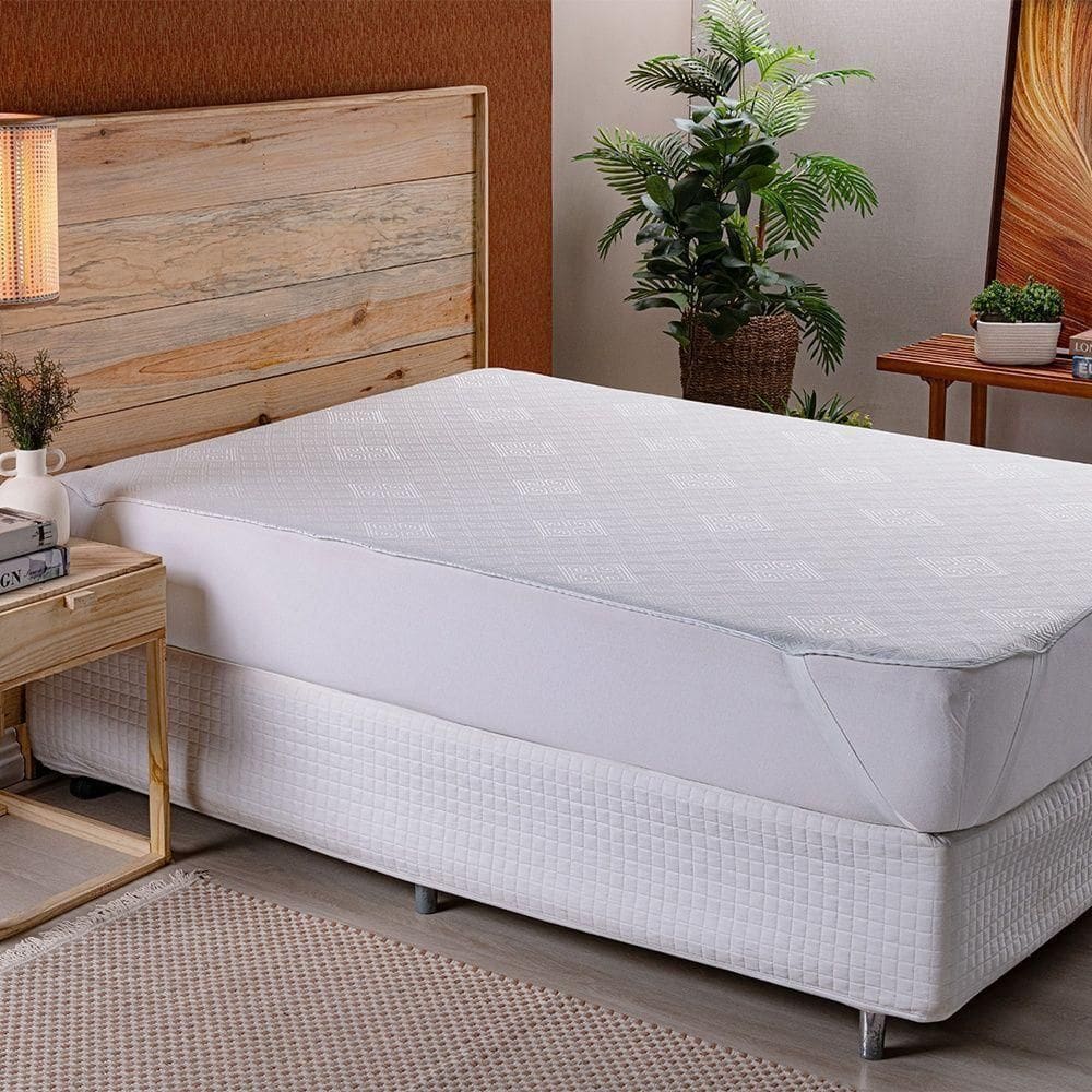 Protetor De Colchão Com Elástico Impermeável Jacquard Texturizada Solteiro 100% Poliéster - Branco
