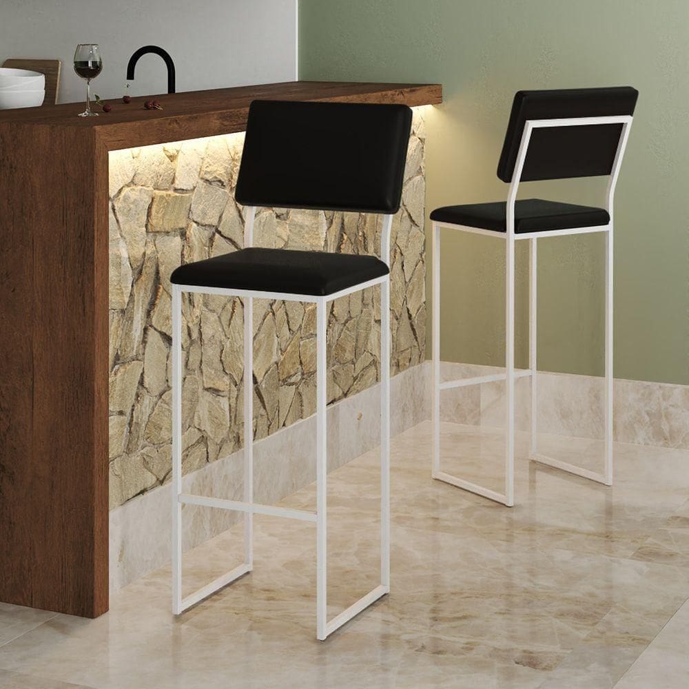 Banqueta Com Encosto Industrial E Moderna Nina Branco E Corino Preto