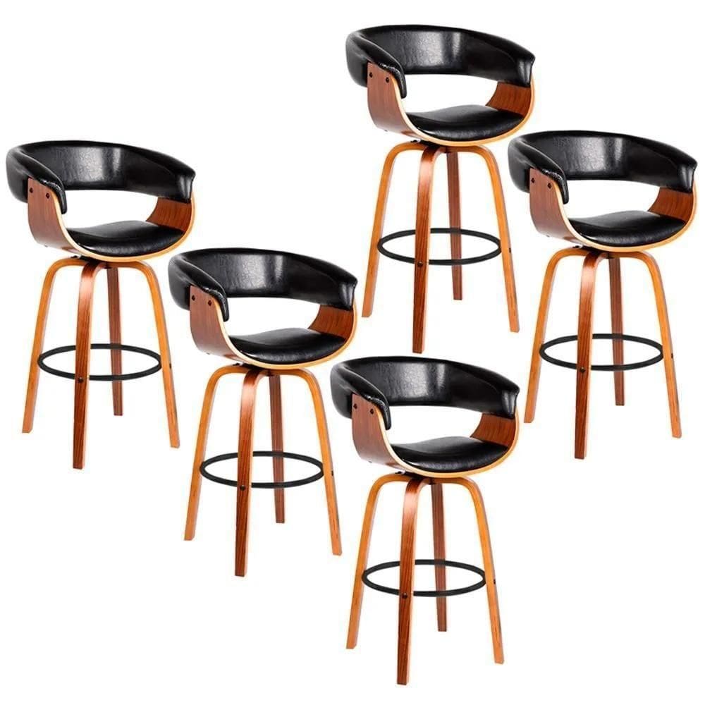 Kit 5 Banquetas Giratória Alta Com Encosto Base Madeira Ravi R02 Sintético Preto - Mpozenato