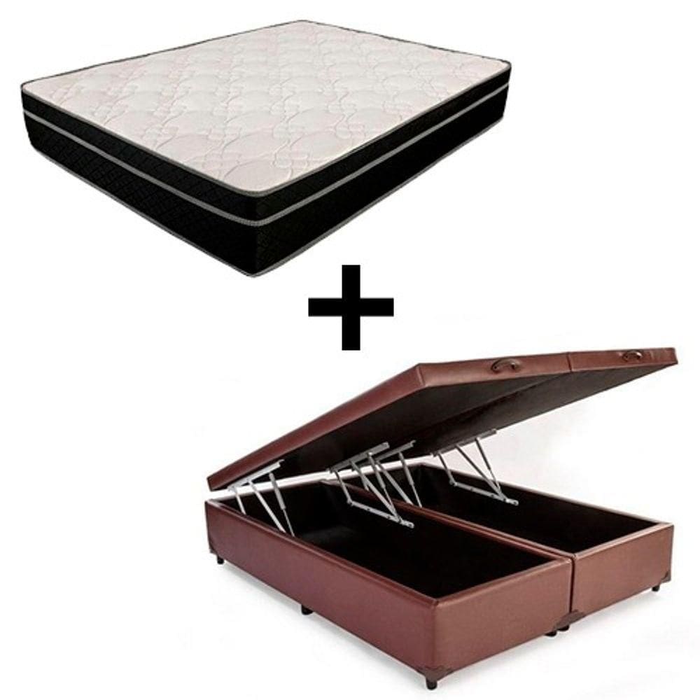 Cama Box Baú Queen 158 Bipartido - Tecido Sintético Marrom Com Colchão Paris De Molas Ensacadas - Bello Box - 26x158x193